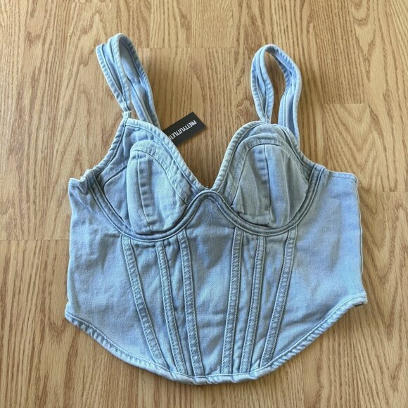 Light Blue Wash Dip Hem Bust Cup Denim Corset Top Size 6 PrettyLittleThing - Picture 2 of 9